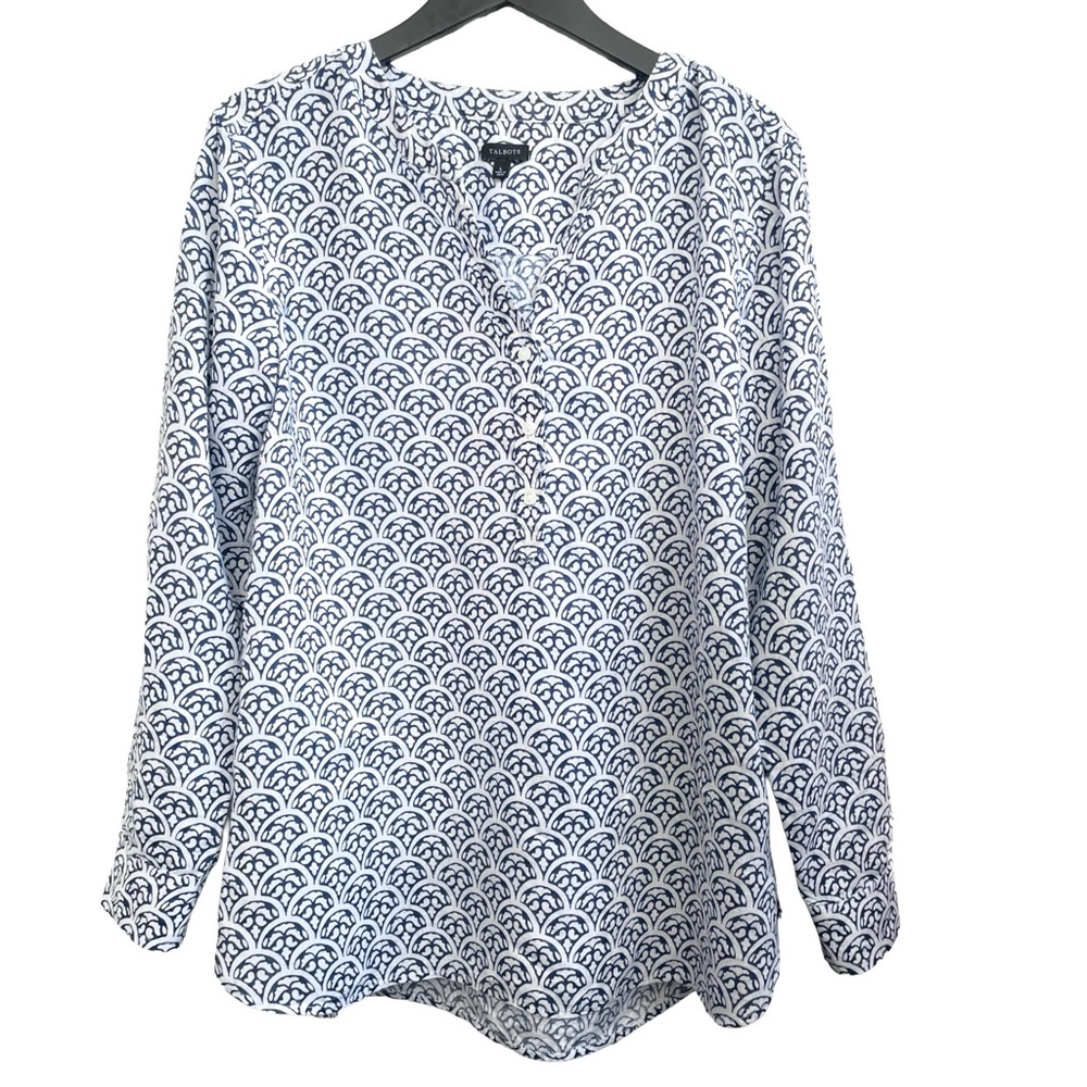 Talbots Linen Blouse, Lightweight Patterned Shirt, Blue & White, Size Large - Picture 4 of 10